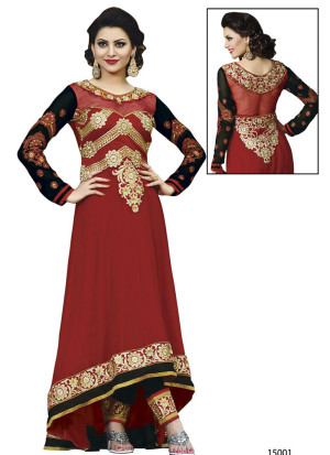 Classic 15001Maroon and Black Embroidery Party Wear Georgette Anarkali Suit At Zikimo