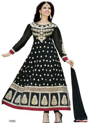 Elegant 15002Black and White Embroidery Party Wear Georgette Anarkali Suit At Zikimo