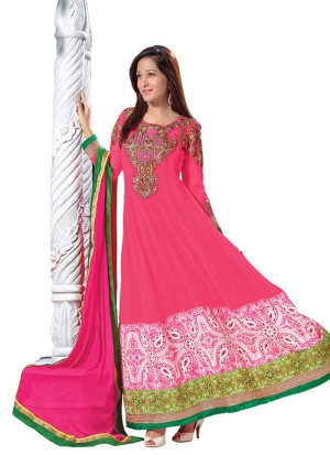 Graceful 3006DeepPink and OliveGreen Embroidery Party Wear Georgette Anarkali Suit At Zikimo