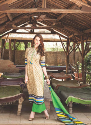 Beautiful 0840B SandyBrown and Green Satin Cotton Un-stitched Straight Suit at Zikimo