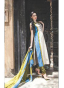 Pretty 0844C Cream and Blue Satin Cotton Un-stitched Straight Suit at Zikimo