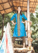 Superior 0847B SkyBlue and Brown Satin Cotton Un-stitched Straight Suit at Zikimo
