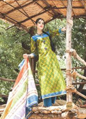 Pretty 0847C Green Yellow and Blue Satin Cotton Un-stitched Straight Suit at Zikimo