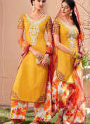 Yellow and Cream6103 Embroidered Pure Cotton Satin Party Wear Designer Suit at Zikimo