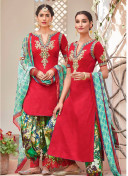 Red and Multicolor6107 Embroidered Pure Cotton Satin Party Wear Designer Suit at Zikimo