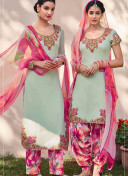 PastelGray and Pink6111 Embroidered Pure Cotton Satin Party Wear Designer Suit at Zikimo