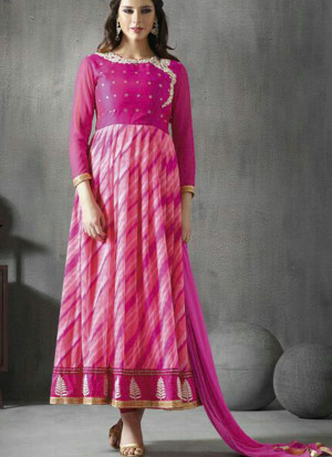 Mugdha Party Wear Pink Leheriya Print Zari Resham Work Anarkali Suit at Zikimo