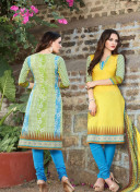Yellow and FiroziBlue001 Printed Cotton Daily Wear Suit at Zikimo