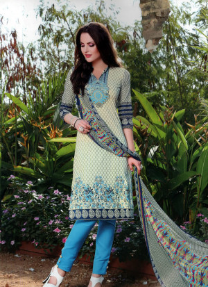 Ivory and FiroziBlue004 Printed Cotton Daily Wear Suit at Zikimo