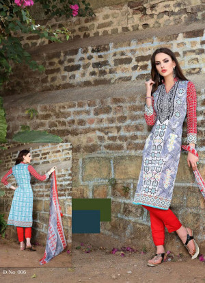 SlateBlue and Red006 Printed Cotton Daily Wear Suit at Zikimo