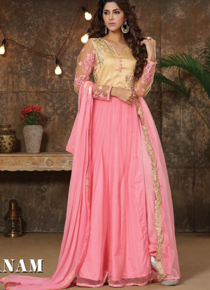 Dazzling 902Beige and Pink Embroidered Georgette and Net Anarkali Party Wear Suit At Zikimo