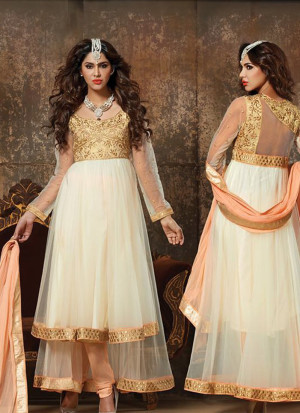 Splendid 903LightOrange and Ivory Embroidered Georgette and Net Anarkali Party Wear Suit At Zikimo