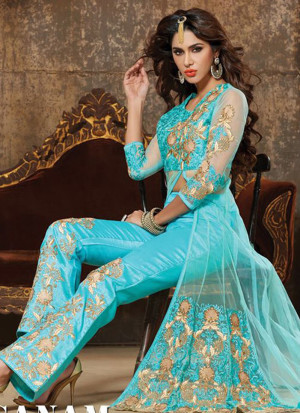 Admirable 905AquaBlue Embroidered Georgette and Net Anarkali Party Wear Suit At Zikimo
