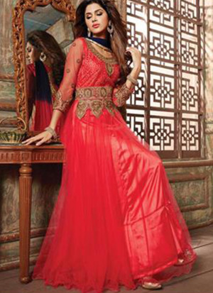 Dashing 906Red Embroidered Georgette and Net Anarkali Party Wear Suit At Zikimo