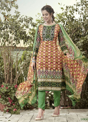Graceful 1006Multicolor and ParrotGreen Printed Pure Cotton Lawn Party Wear Straight Suit At Zikimo