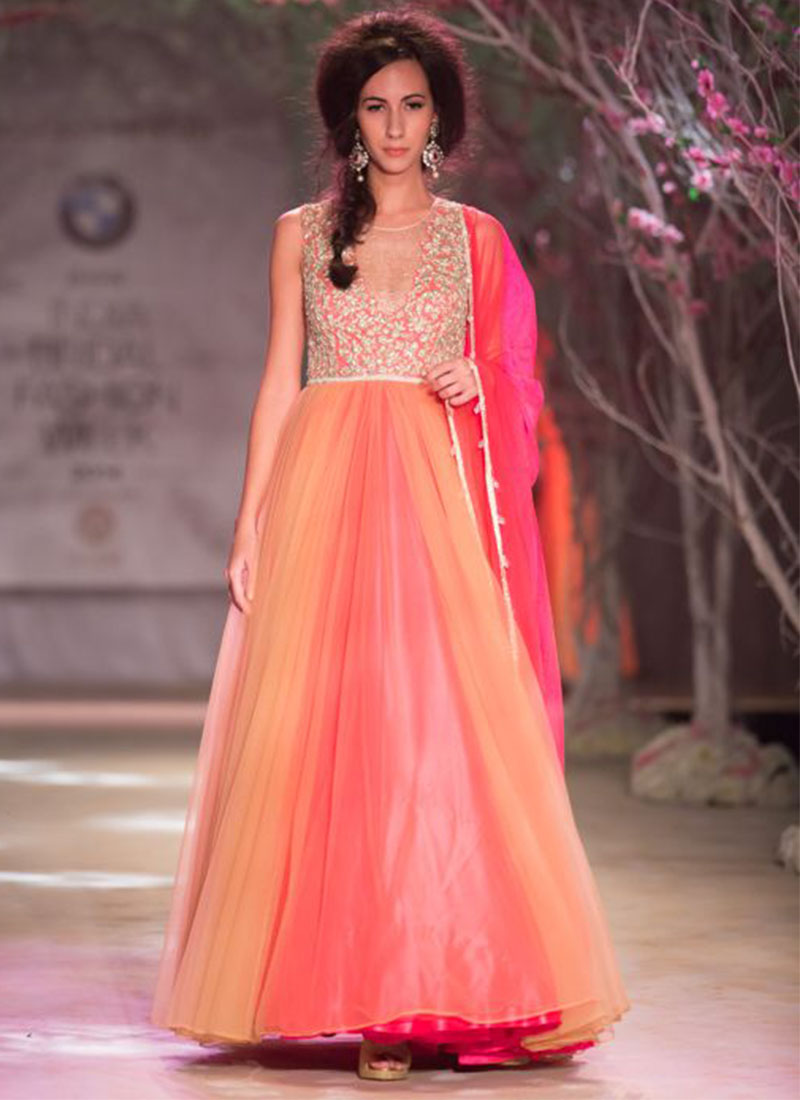 Peach orange Shaded Designer Net Wedding Sangeet Anarkali Suit at Zikimo