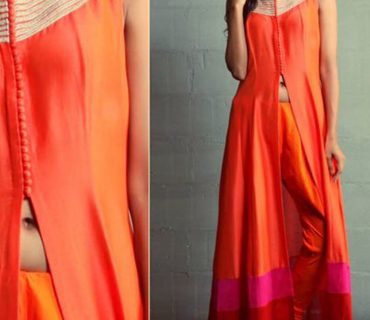 Tri Color Red Pink and Orange Constrast Front Cut and Buttoned Party Wear Pants Suits at Zikimo 1 Tri Color Red Pink and Orange Constrast Front Cut and Buttoned Party Wear Pants Suits at Zikimo