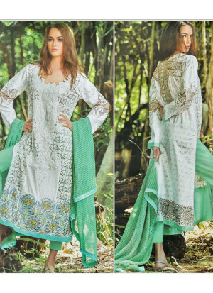 WhiteGreen and AquaGreen05 Printed and Embroidered Cambric Daily Wear Pakistani Indian Suit At Zikimo