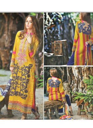 Yellow and Multicolor06 Printed and Embroidered Cambric Daily Wear Pakistani Indian Suit At Zikimo