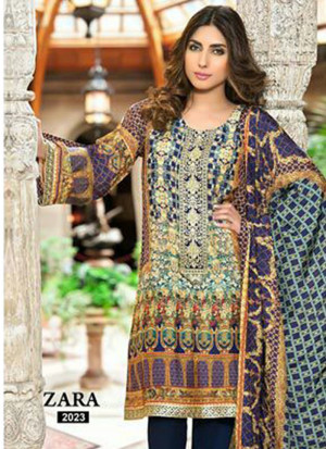 Appealing 2023DarkBlue and Multicolor Printed Pure Cambric Cotton Pakistani  Party Wear Suit At Zikimo