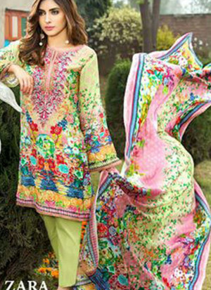 Engrossing 2027YellowGreen and Multicolor Printed Pure Cambric Cotton Pakistani  Party Wear Suit At Zikimo