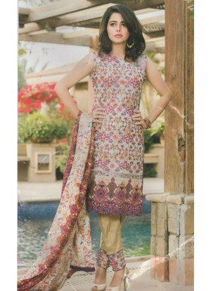 OffWhite and Multicolor01A Embroidery Printed Lawn Pakistani Suit at Zikimo