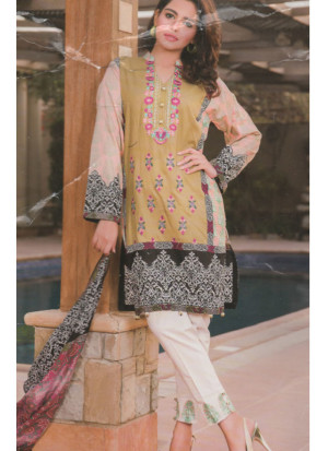 SandBrown and LightPink03A Embroidery Printed Lawn Pakistani Suit at Zikimo