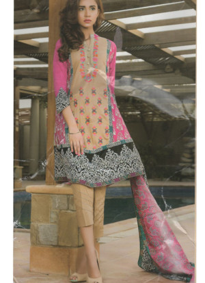 SandBrown and Magent03B  Embroidery Printed Lawn Pakistani Suit at Zikimo