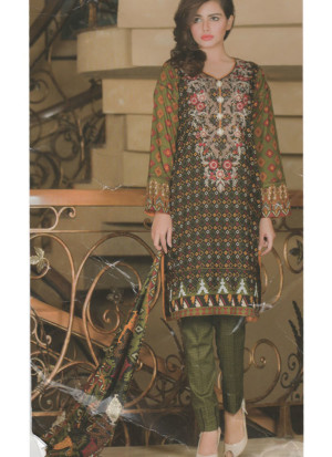 ArmyGreen and Multicolor08A Embroidery Printed Lawn Pakistani Suit at Zikimo