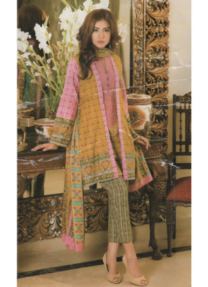 Yellow and Pink11B Embroidery Printed Lawn Pakistani Suit at Zikimo