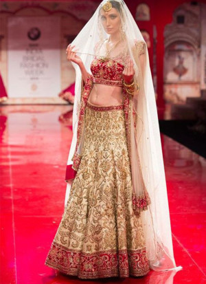 Diva Look Cream and Red Indian Bridal Lehenga Choli with Zardozi Work at Zikimo