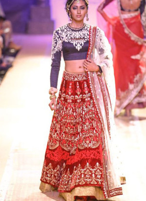 Red and Blue Bridal Lehenga Choli with Silver Embroidery at Zikimo