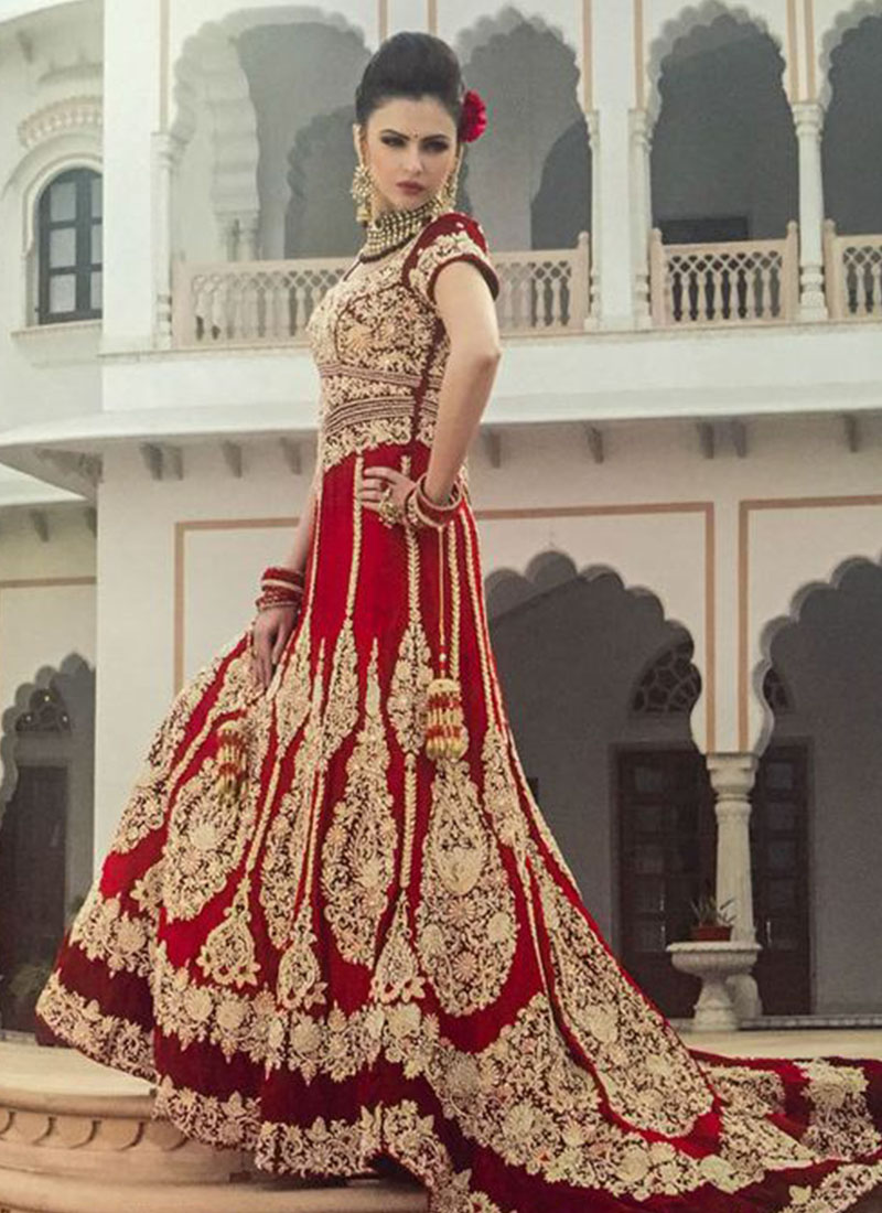 Indian Bride Red Lehenga Gown With Zardosi,Dabka, Swarovski Crystals  at Zikimo