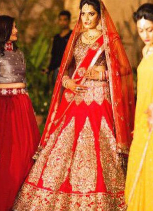 Glorius Red Indian Zardosi, Dabka,Swarvoski Bridal Lehenga Choli at Zikimo