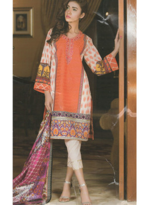 Orange and White12B Embroidery Printed Lawn Pakistani Suit at Zikimo