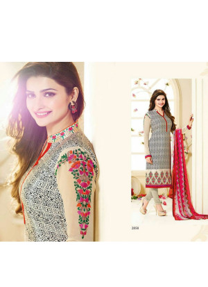 Beige Black and Pink2858 Embroidered Crape Silk Straight Suit At Zikimo