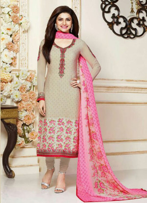 WheatBrown and Pink3482 Embroidered Crape Silk Straight Suit At Zikimo