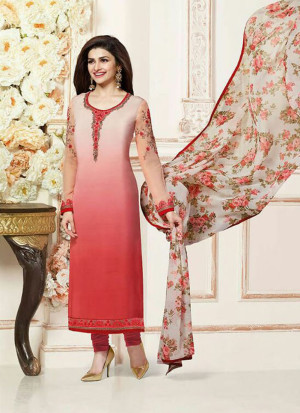 White and Red3485 Embroidered Crape Silk Straight Suit At Zikimo