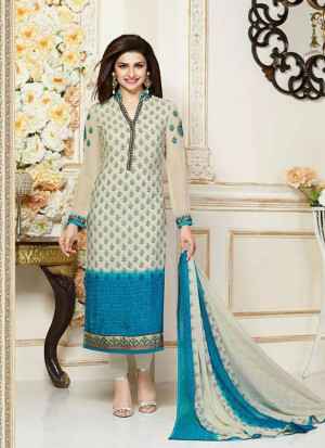 OffWhite and FiroziBlue3486 Embroidered Crape Silk Straight Suit At Zikimo