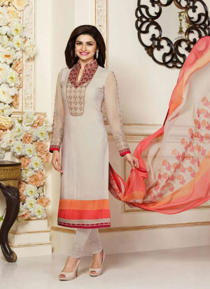 OffWhite and Multicolor3489 Embroidered Crape Silk Straight Suit At Zikimo