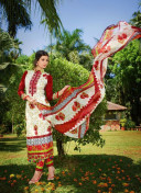 White and Red02 Embroidered Pakistani Cotton Daily Wear Suit At Zikimo