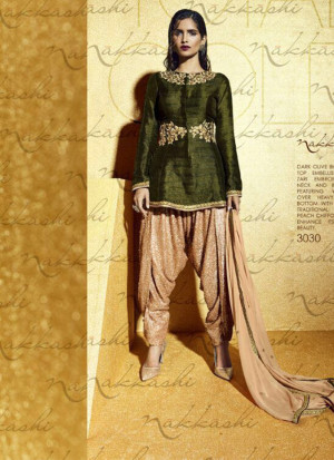 Nakkashi3030 Dark Olive With Zari Embroidered Dhoti Salwar Kameez at ZIkimo