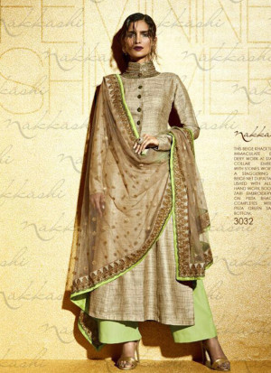 Nakkashi3032 Biege Khadi Silk Collared Kameez With Pista Green Salwar at ZIkimo