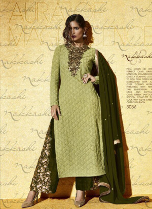 Nakkashi3036 Pistagreen Net Zari Work Straight Plazo Suits at Zikimo