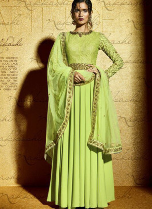 Nakkashi3037 Pistagreen Moss fabric Zari Work Anakali Suit at Zikimo