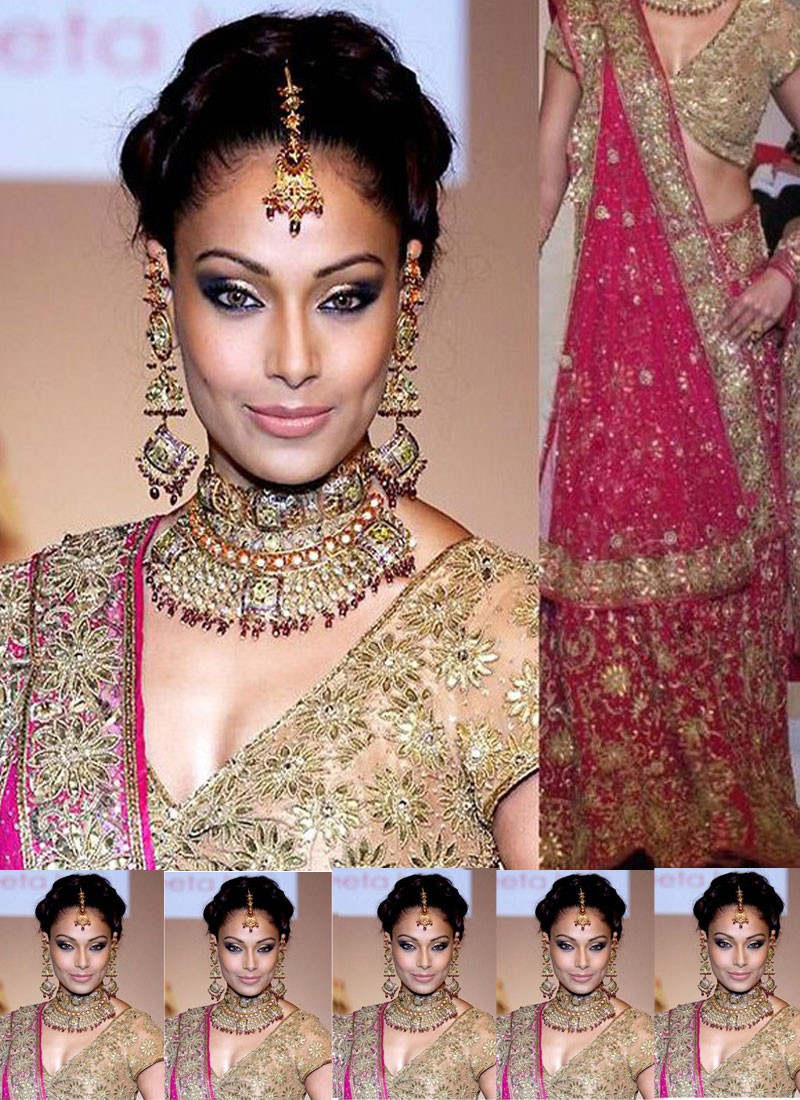 Bipasha Basu Wearing Magenta Indaian Bridal Lehenga Choli with Gota Patti Work at Zikimo
