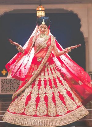 Heavy Indian Bride Red Bridal Lehenga with Zardozi Work at Zikimo