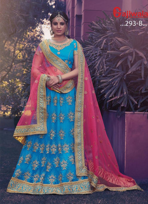 Blue Heavy Embroidered Indian Wedding Wear Net Lehenga choli With Pink Dupatta at Zikimo