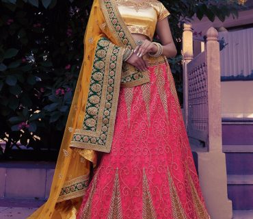 Hot Pink Heavy Embroidered Indian Wedding Wear Net Lehenga choli With Yellow Dupatta at Zikimo 1 Hot Pink Heavy Embroidered Indian Wedding Wear Net Lehenga choli With Yellow Dupatta at Zikimo