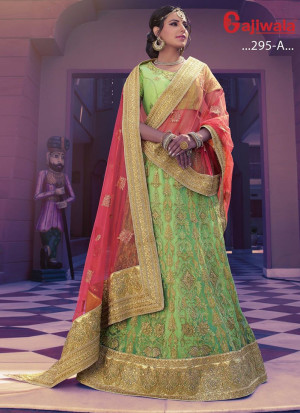 Green Heavy Embroidered Indian Wedding Wear Net Lehenga choli With Hot Pink Dupatta at Zikimo